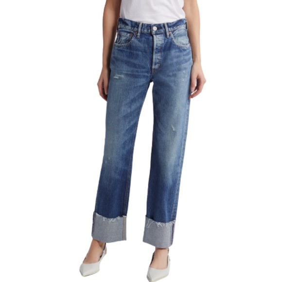 Moussy Bardmoor Blue Straight Leg Jeans with Folded Cuffs - Size 28 - Picture 1 of 5